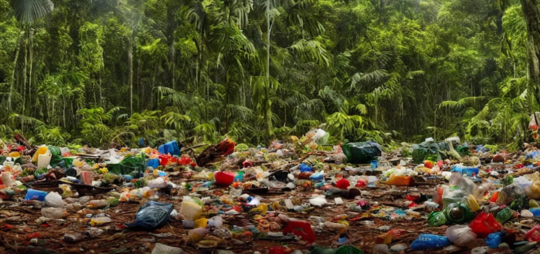 Image similar to a very high resolution image from a new movie. amazon forest landscape, garbage plastic, fast food,. photorealistic, photography, directed by anthony russo