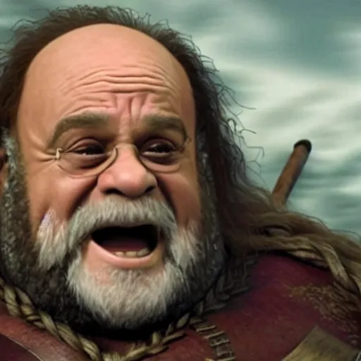 Image similar to movie still of danny devito starring as gimli in the 2 0 2 3 lord of the rings movie, full body, hyper realistic, high quality