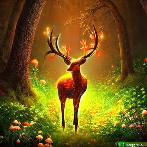 Prompt: a glowing luminous deer surrounded by luminous flowers and mushrooms, in an enchanted forest, trending on artstation, HDR, Instagram photo, fantasy art