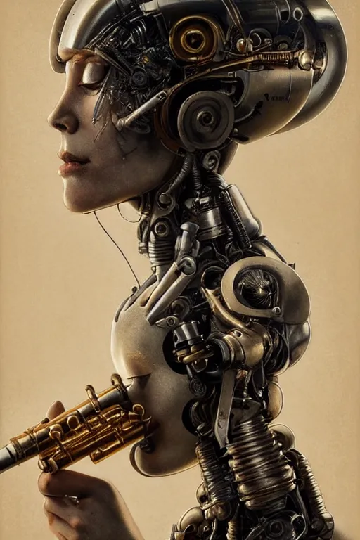 Image similar to a beautiful ultradetailed vintage photo of cyborg playing an oboe, by tom bagshaw and anna dittman, portrait, vignette, 3 5 mm lens, golden ratio composition, detailed face, studio photography, very detailed, humanoid, industrial robot, artstation, 8 k, highly coherent