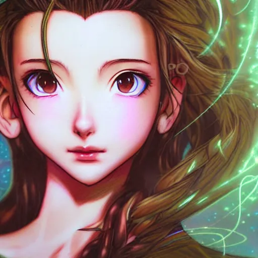 Image similar to pouting Aerith Gainsborough close-up portrait looking straight on, complex artistic color ink pen sketch illustration, full detail, gentle shadowing, fully immersive reflections and particle effects, chromatic aberration, art by Artgerm