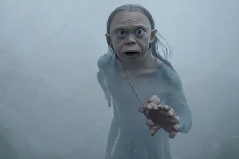 Image similar to greta thunberg as gollum, holding the ring, inside a cave, fog, cinematic, still shot from the new lord of the rings movie