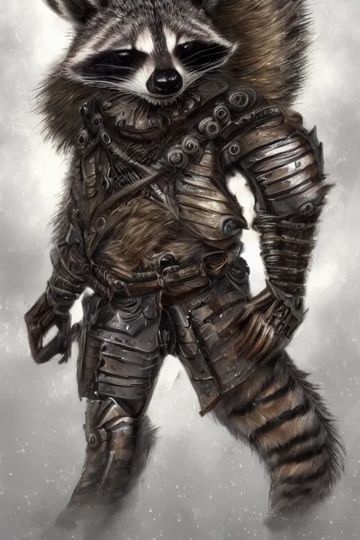 Prompt: Full-length portrait of a raccoon humanoid wearing heavy armor. Dark fantasy, digital art, HD, detailed.