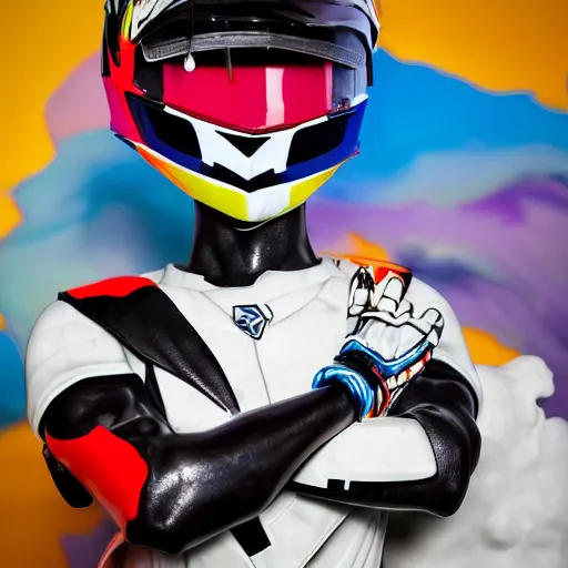 Image similar to extremely beautiful photo of a white marble statue of a black man with colorful motocross logos and motorcycle helmet with closed visor, colorful smoke in the background, carved marble statue, fine art, neon genesis evangelion, highly detailed, 8 k, hyperreal