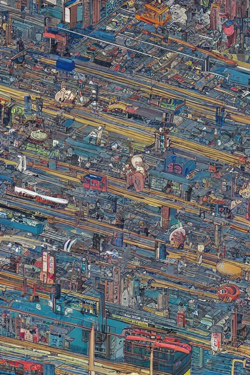 Image similar to it's an anime mural by katsuhiro otomo, it depicts a robotic giant towering over a world's city. below him are rows of cars and roads, while in the sky above are airplanes.