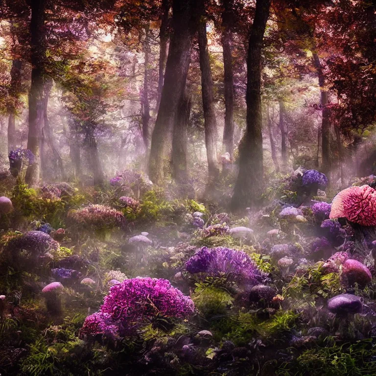 Image similar to a planet of various fungus like trees, mushrooms, flowers and plants, artistic photography, conceptual, long exposure outside the city, volumetric light