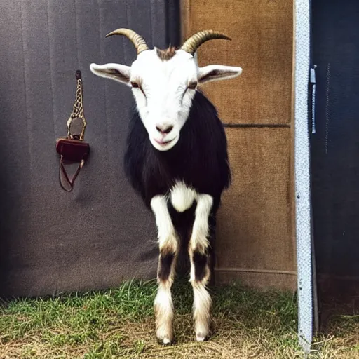 Prompt: an goat wearing a fancy suit and holding an briefcase in a goatfield