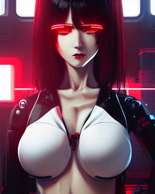 Prompt: a detailed potrait of a cyberpunk cyborg girl with black and red parts, perfect face, realistic shaded perfect face, detailed. night setting. very anime style. realistic shaded lighting poster by ilya kuvshinov katsuhiro, unreal engine, global illumination, radiant light, detailed and intricate environment, full length and white stockings, white bra and panties