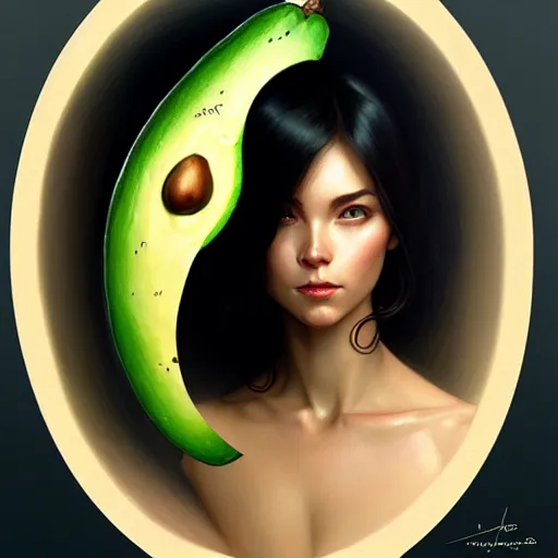 Image similar to avocado, instead of a bone, the head of ilona mask, elegant, highly detailed, my rendition, digital painting, artstation, concept art, smooth, sharp focus, illustration, art by artgerm and greg rutkowski and alphonse mucha and uang guangjian and gil elvgren and sachin teng, symmetry!!