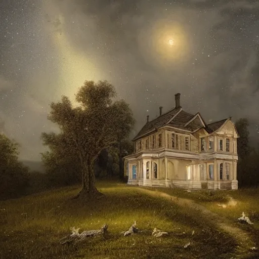 Prompt: an abandoned mansion with a widows walk and observatory on a hill at night with stars, by lee madgwick and bastien lecouffe