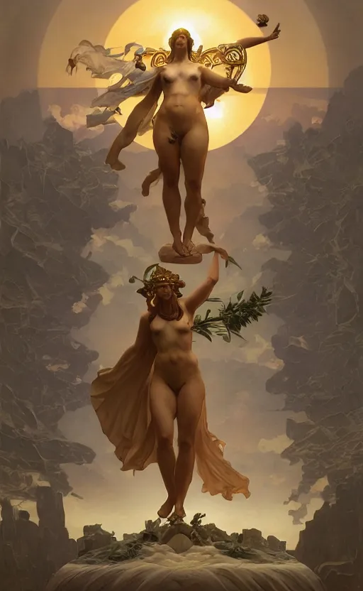 Image similar to solarpunk four armed statue of the goddess of the sun helios descending from olympus, artstation, concept art, smooth, sharp focus, illustration, art by artgerm and greg rutkowski and alphonse mucha and william adolphe bouguereau and john william waterhouse and gianlorenzo bernini