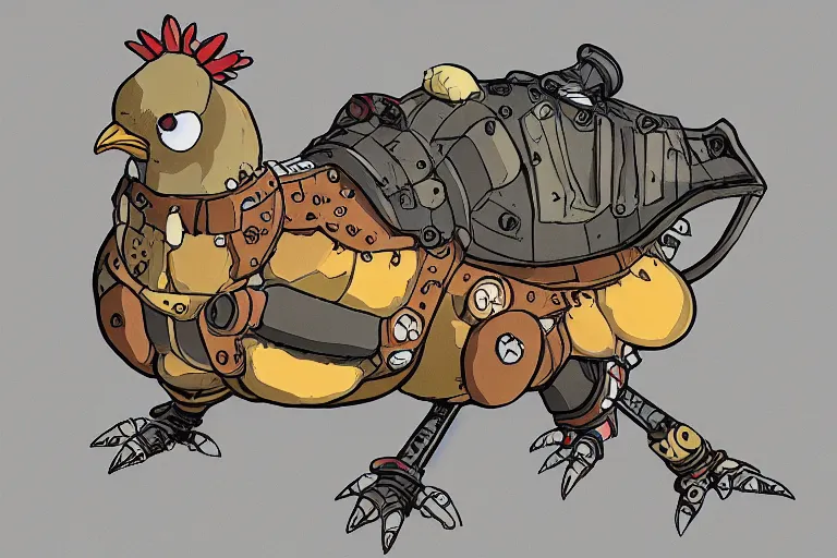 Image similar to heavily armoured mechanical chicken by studio ghibli