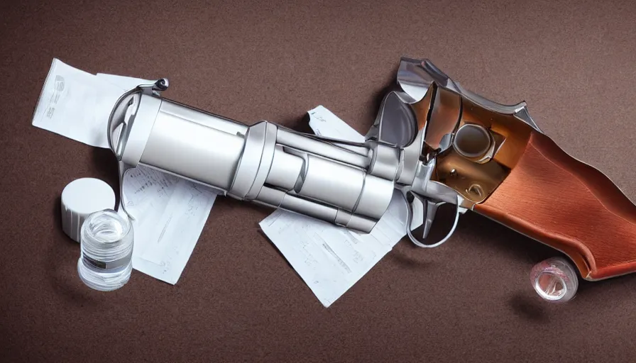 Prompt: hyper-realistic image of a revolver with a prescription medicine bottle as chamber cylinder beautiful color, high quality, high textured