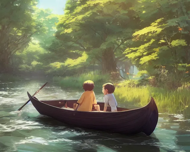 Image similar to a boy and a girl sitting together in a boat on a streams. Trees. By Makoto Shinkai, Stanley Artgerm Lau, WLOP, Rossdraws, James Jean, Andrei Riabovitchev, Marc Simonetti, krenz cushart, Sakimichan, trending on ArtStation, digital art.