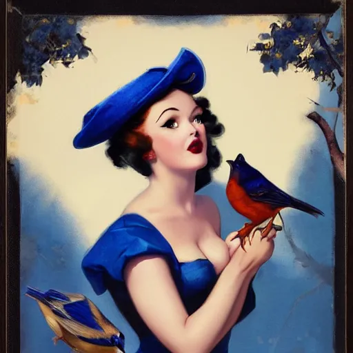 Image similar to portrait of a pinup girl holding an indigo bunting, bird, the bird is wearing a bowtie, by greg rutkowski, rossdraws, gil elvgren, enoch bolles, anime, porcelain skin, very coherent