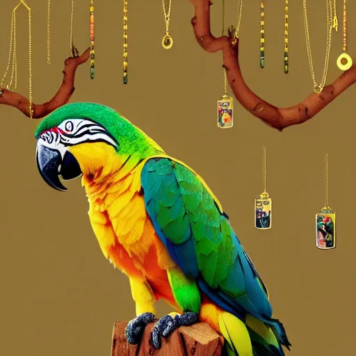 Image similar to parrots dressed in golden rings, necklaces and with caps on head, rapping and sitting on golden trees, rap scene, jungle concept art, trending on artstation, highly detailed, digital art, 8 k