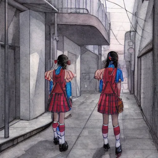 Prompt: a perfect, realistic professional digital sketch of a Japanese schoolgirls posing in a postcyberpunk alleyway, style of Marvel, full length, by pen and watercolor, by a professional American senior artist on ArtStation, a high-quality hollywood-style sketch, on high-quality paper