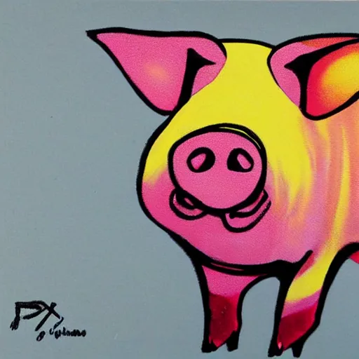 Image similar to pig wearing a simple gold in the style of peter max