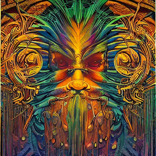 Prompt: small 🌅 the ancient gods ornate amazon rain forest trompe l'oeil, pastiche by Dan Mumford, pastiche by Michael Whelan, Precise and Intricate Linework, Art Nouveau Cosmic 4k spray painted graffiti featured on 500px ,CGSociety, Ecru and Goldenrod color scheme