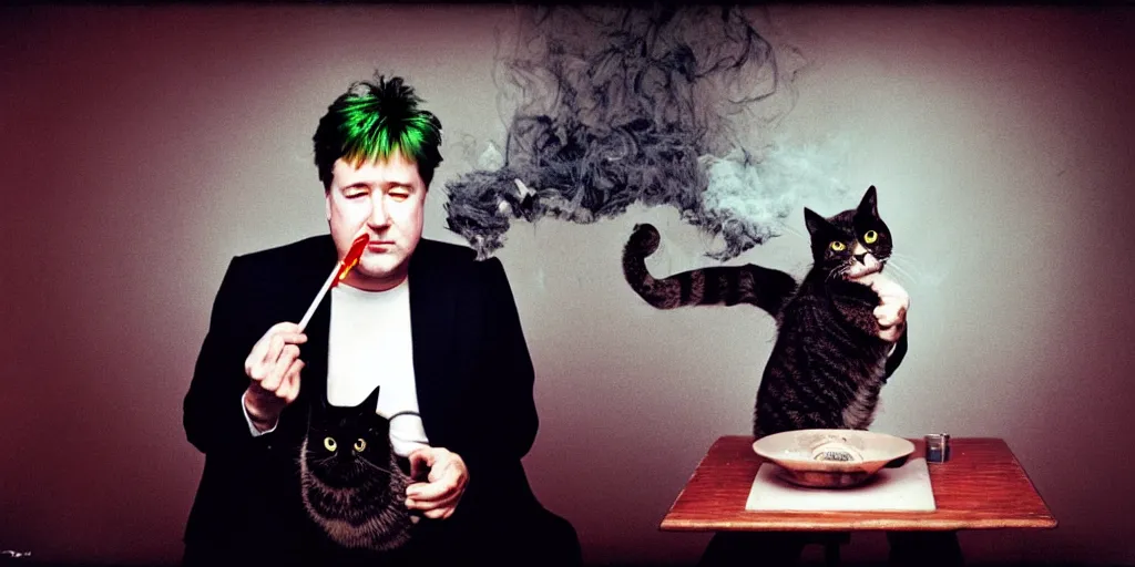 Image similar to award winning photo of BILL HICKS, david lynch, cute cat, smoking weed in new york, vivid colors, happy, symmetrical face, beautiful eyes, studio lighting, wide shot art by gregory crewdson, Sally Mann & Arnold Newman