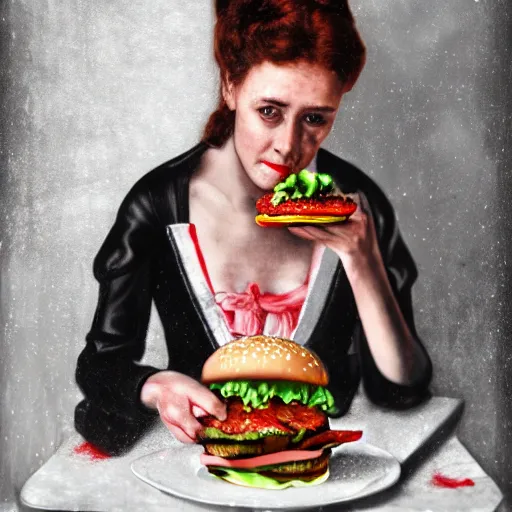 Image similar to victorian lady eating a burger, full body, intrincate, red and white, glitter, depth of field, 8k, hyper detailed, trending on artstation