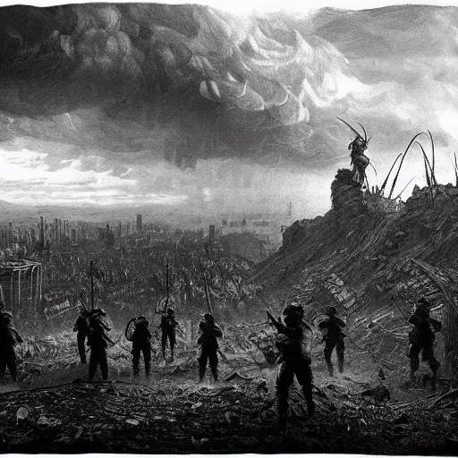 Prompt: apocalyptic landscape, fallout, soldiers, people in gasmasks, dark clouds, dark, eerie, dystopian, city, end times, illustration by Gustave Doré