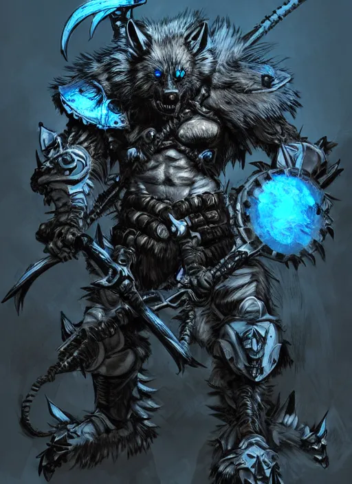 Image similar to Full body portrait of a scary gnoll wolf man. Armour made of human skulls. Giant War Scythe. Glowing blue eyes In style of Yoji Shinkawa and Hyung-tae Kim, trending on ArtStation, dark fantasy, great composition, concept art, highly detailed.