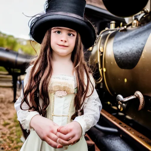 Prompt: a portrait of a beautiful steampunk girl child with long hair wearing a top hat and long sleeve black victorian clothes, by a steam engine train, taken with Sony a7R camera, EOS-1D, f/1.4, ISO 200, 1/160s, 8K, RAW, unedited, symmetrical balance, in-frame