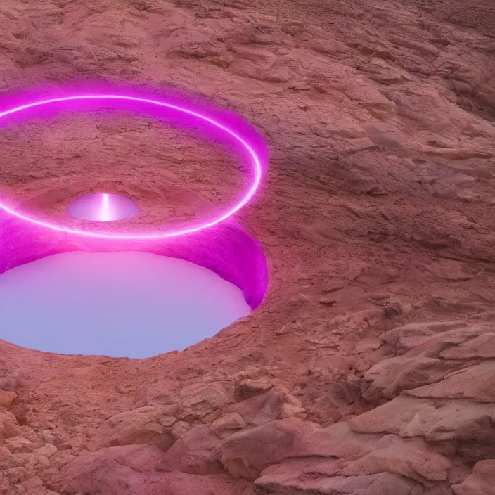 Image similar to a luminous pink and purple colored circular stargate in the dessert through which an ocean is visible