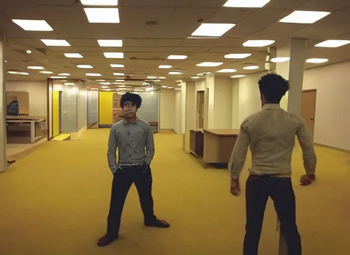 Image similar to low quality photo of real life version of son goku in the backrooms, mono - yellow old moist carpet randomly connected infinite empty office space yellow colors warm light scary