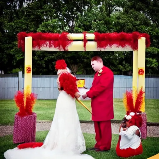 Image similar to mcdonald's themed wedding featuring grimace as the best man and ronald mcdonald as the officiant.