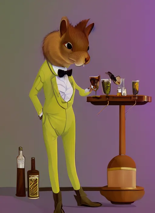 Prompt: squirrel anthro as a dapper bartender with a big, fluffy tail, retro futurism, art deco, detailed painterly digital art by WLOP and Cory Loftis, 🍸🍋, furaffinity, trending on artstation