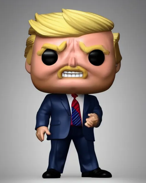 Image similar to funko pop full body 3d render of donald trump as a funko pop, studio lighting, white background, blender, trending on artstation, 8k, highly detailed