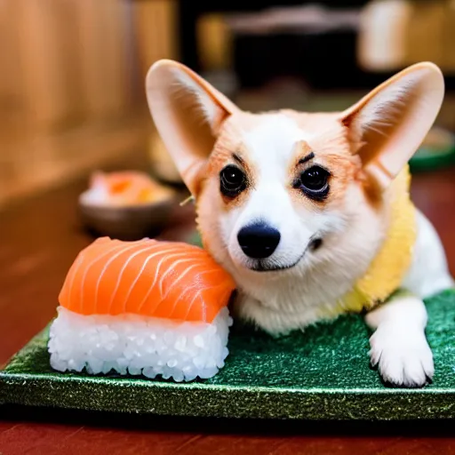 Prompt: a corgie in a house made of sushi . Photography.