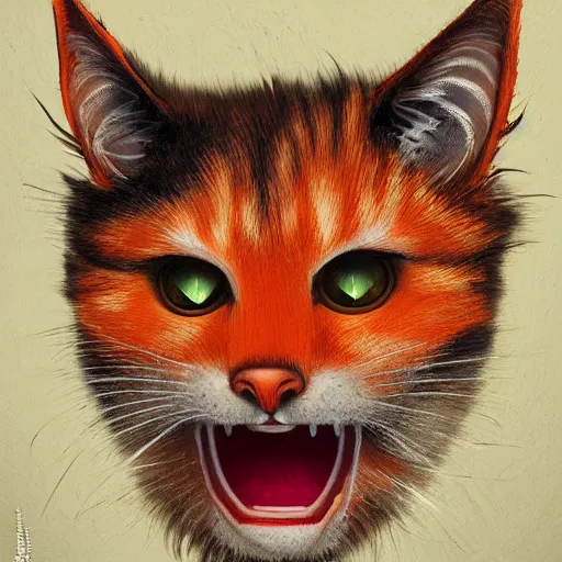 Prompt: orange cat with vampire fangs in the museum, cuddly fur, highly detailed, sharp focus, digital painting, artwork by Victor Adame Minguez + Yuumei + Tom Lovell + Sandro Botticelli