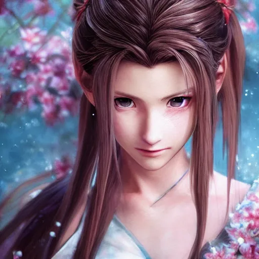 Prompt: portrait of aerith!!!!!!!!! from final fantasy vii, smiling peacefully, water - color painting by amano yoshitaka, ultra realistic, highly detailed, sharp focus, cinematic lighting, mood lighting, realistic, vivid colors, painting, photorealistic, digital art, non blurry, sharp, smooth, illustration