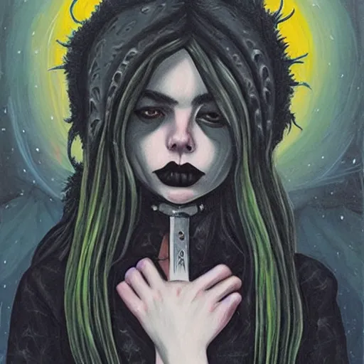Prompt: a gothic portrait painting of billie eilish by jeremiah ketner, | demonic | horror themed