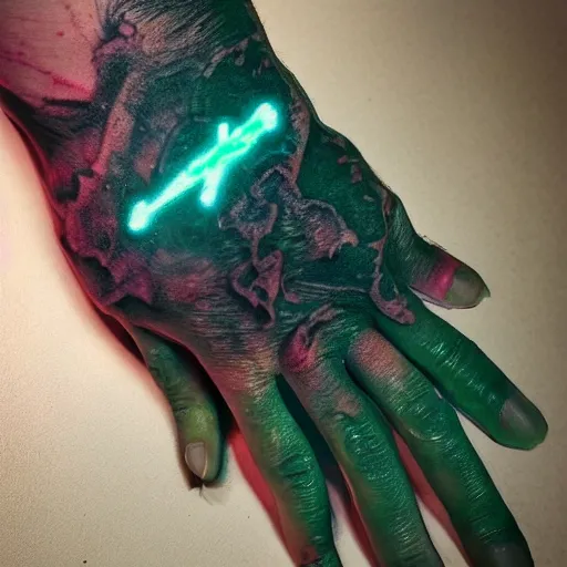 Prompt: the decaying open hand of power with phosphorescent skin and tattoos of glowing magick symbols