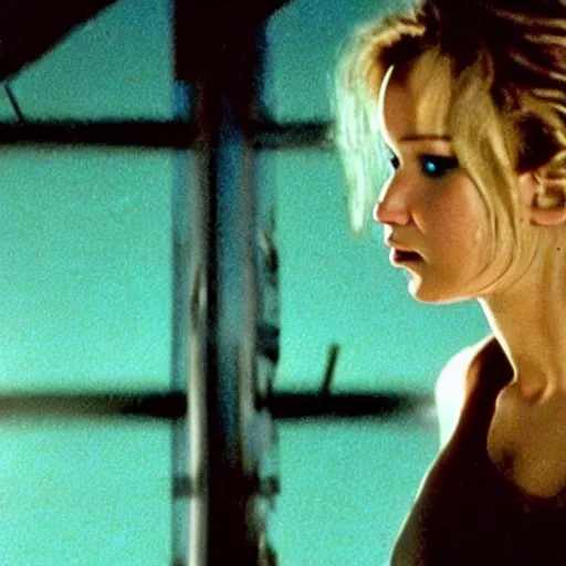 Image similar to movie still from independence day (1996), rendering of jennifer lawrence looking at an alien,