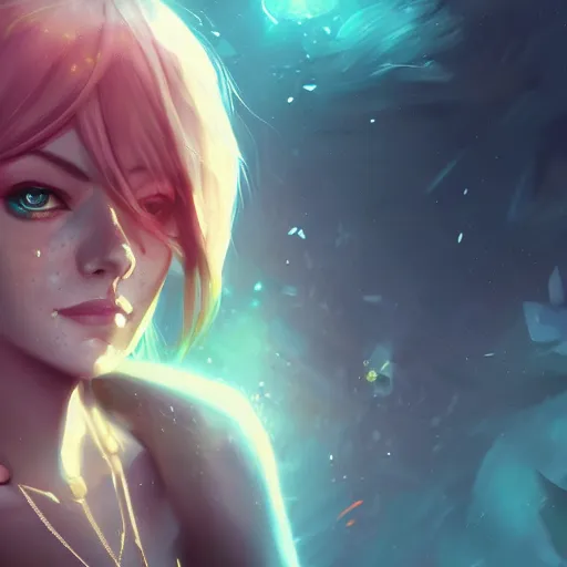 Image similar to emma stone portrait, arcane : league of legends, concept portrait, riot, game, detailed expression, high quality, cinematic lighting, fantasy, reflective, spotlight, digital artwork