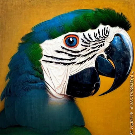 Image similar to close up portrait of the elegantly beautiful, sophisticated, slender rich vietnamese queen of macaw parrots, intricate eye detail focus, baroque, batik, by norman rockwell, range murata jeremy lipking, trending on pinterest, vivid 8 k, sharp depth of field, pristine global illumination, smooth, 3 d.