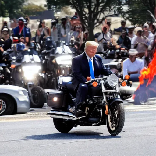 Image similar to Donald Trump on a motorcycle with fire coming out of the exhaust, without him wearing a helmet, leather jacket, cinematic lighting