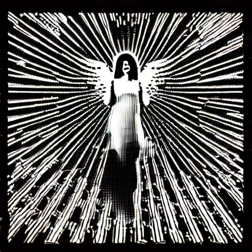 Image similar to vhs static overlay of angel apparition, surrounded by money falling like confetti, vhs, 1 9 9 0, highly realistic, highly detailed, vhs noise static, black and white, vhs glitch