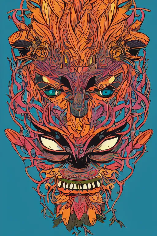 Image similar to animal mask totem roots flower tribal feather gemstone plant wood rock shaman vodoo video game vector cutout illustration vivid multicolor borderlands comics by josan gonzales and dan mumford radiating a glowing aura