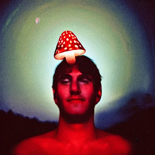 Image similar to photograph taken by a rolleiflex tlr, 1 2 0 mm, portrait, a human face morphing into an amanita muscaria mushroom, shot by ryan mcginley, moon in sky, night time