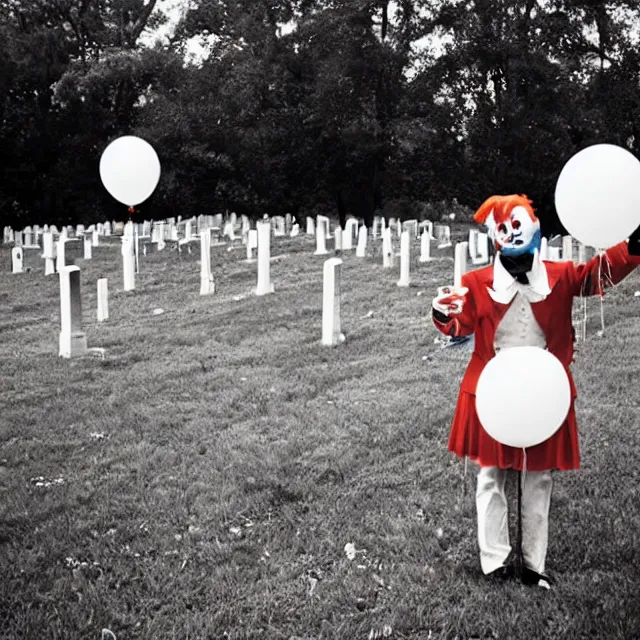 Image similar to creepy clown in the distance holding balloons in cemetary, photo by william eggelston