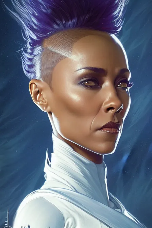 Prompt: young jada pinkett smith as aeon flux profile picture by Greg Rutkowski, the matrix, white hair, dynamic pose, intricate, futuristic, fantasy, elegant, by Stanley Artgerm Lau, greg rutkowski, thomas kindkade, alphonse mucha, loish, norman Rockwell,