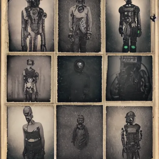 Image similar to tintype photographs of techno shamans, telepaths, dieselpunk cyborgs, masked heroes, irradiated humans, mystic mutates and monster hunters