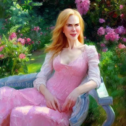 Image similar to closeup portrait of nicole kidman in the garden, morning, highly detailed, ultrarealistic oil painting, vladimir volegov, artstation