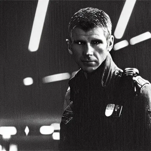 Image similar to film still blade runner Officer Deckard wearing techwear